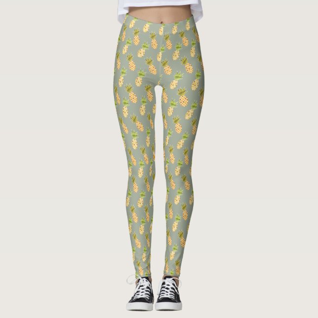 Tropical Watercolor Pineapple Pattern Leggings (Front)