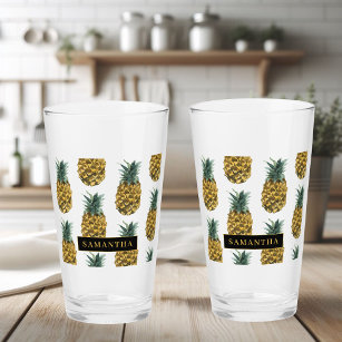 Tropical Watercolor Pineapple Pattern With Name Glass