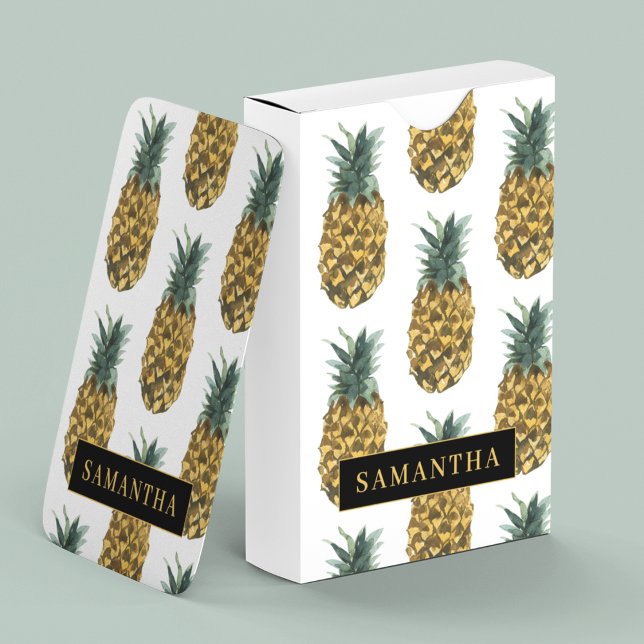Tropical Watercolor Pineapple Pattern With Name Playing Cards (Creator Uploaded)