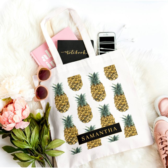Tropical Watercolor Pineapple Pattern With Name Tote Bag (Creator Uploaded)