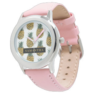 Tropical Watercolor Pineapple Pattern With Name Watch