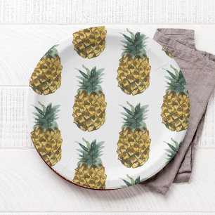 Tropical Watercolor Pineapple Seamless Pattern Paper Plate