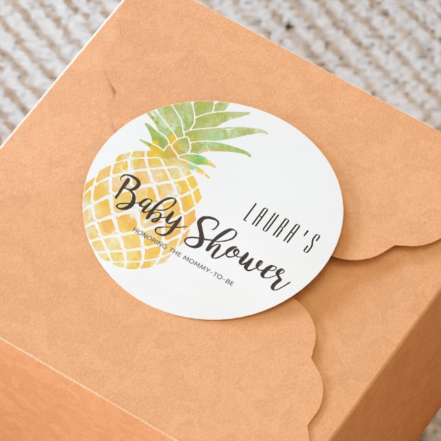 Tropical Watercolor Pineapple Stencil Baby Shower Classic Round Sticker (Creator Uploaded)