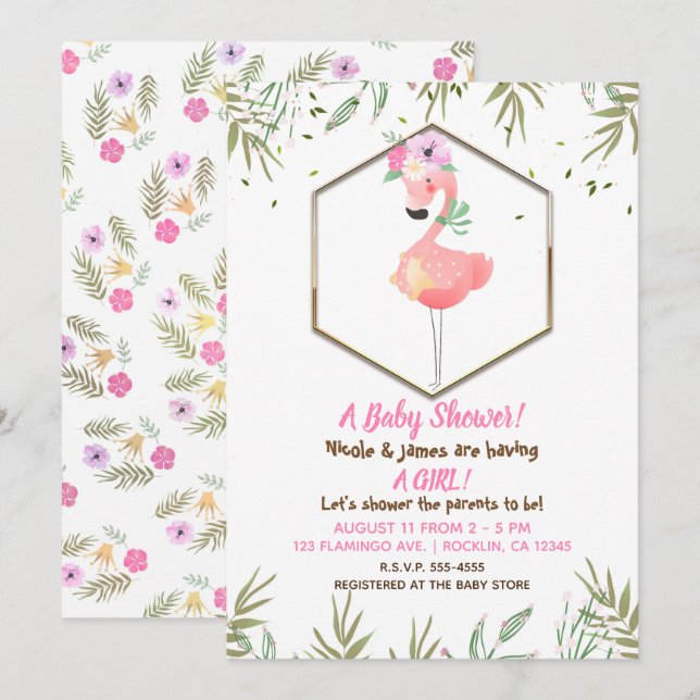 Tropical Watercolor Pink Flamingo Baby Shower Invitation (Front/Back)