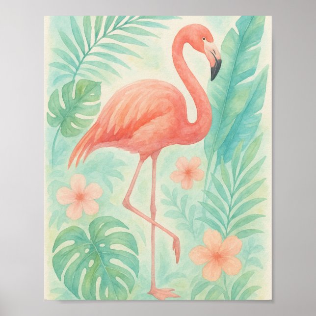 Tropical Watercolor Pink Flamingo | Exotic Botanic Poster (Front)