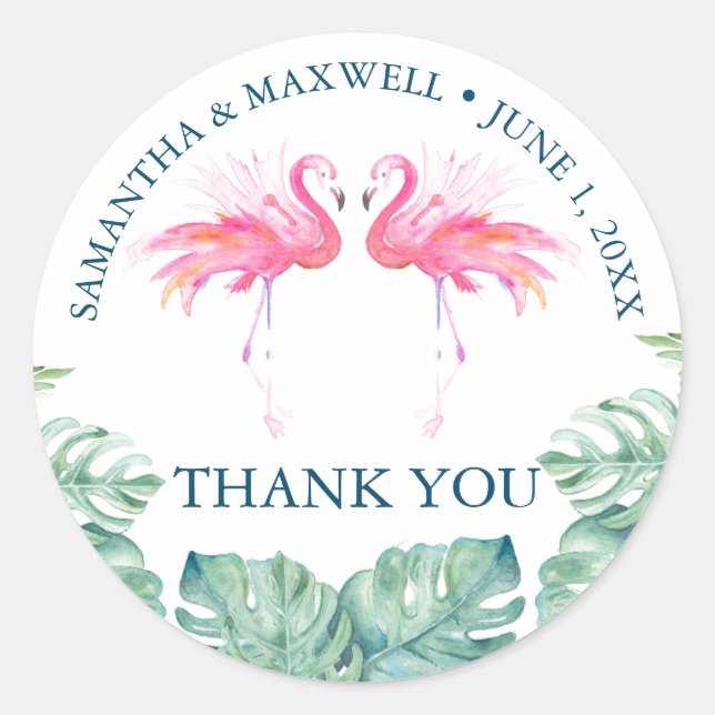 Tropical Watercolor Pink Flamingo Favours Classic Round Sticker (Front)