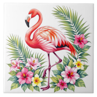 Tropical Watercolor Pink Flamingo Floral Hawaiian Tile