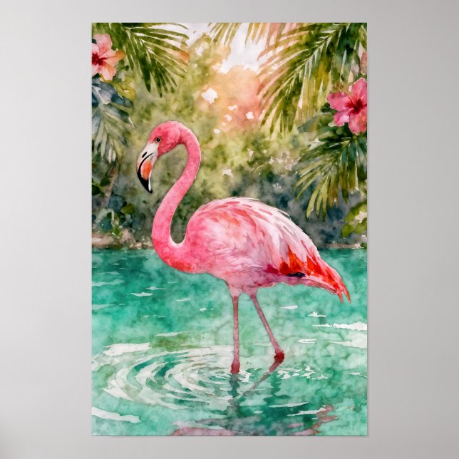 Tropical Watercolor Pink Flamingo Floral Paradise Poster (Front)