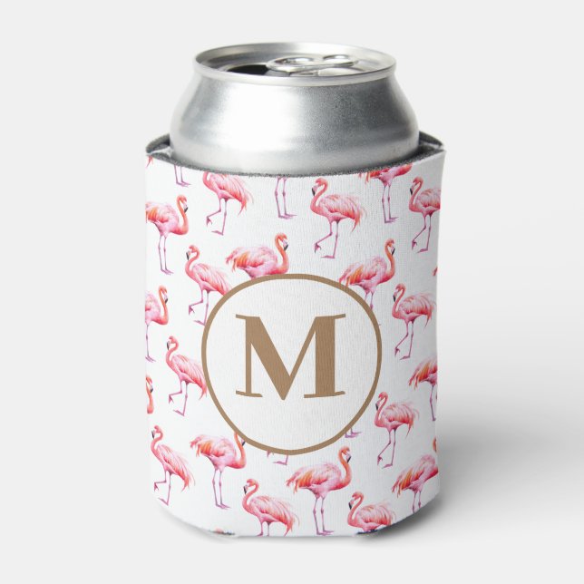 Tropical Watercolor Pink Flamingo Monogram Initial Can Cooler (Can Front)