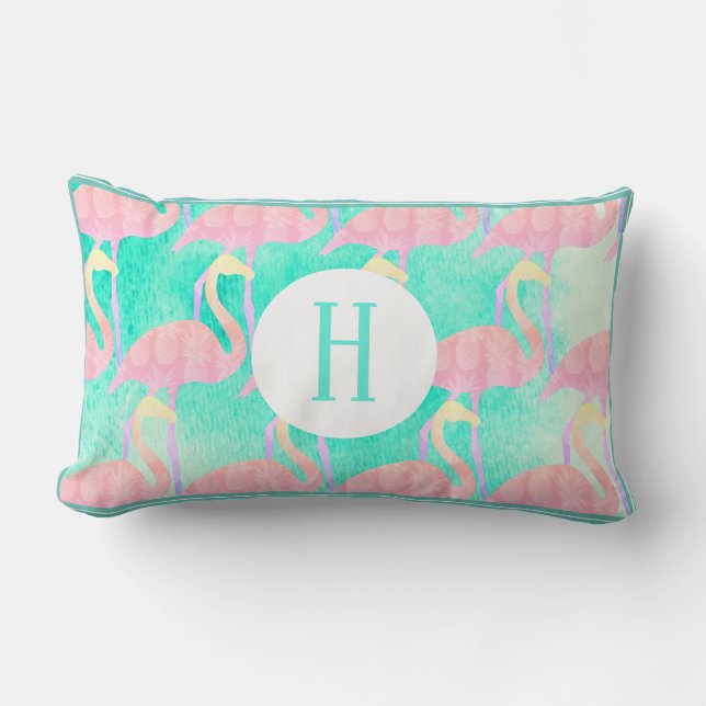 Tropical Watercolor Pink Flamingos & Teal Lumbar Cushion (Front)