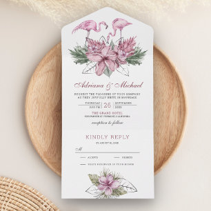 Tropical Watercolor Pink Floral Flamingo Wedding All In One Invitation