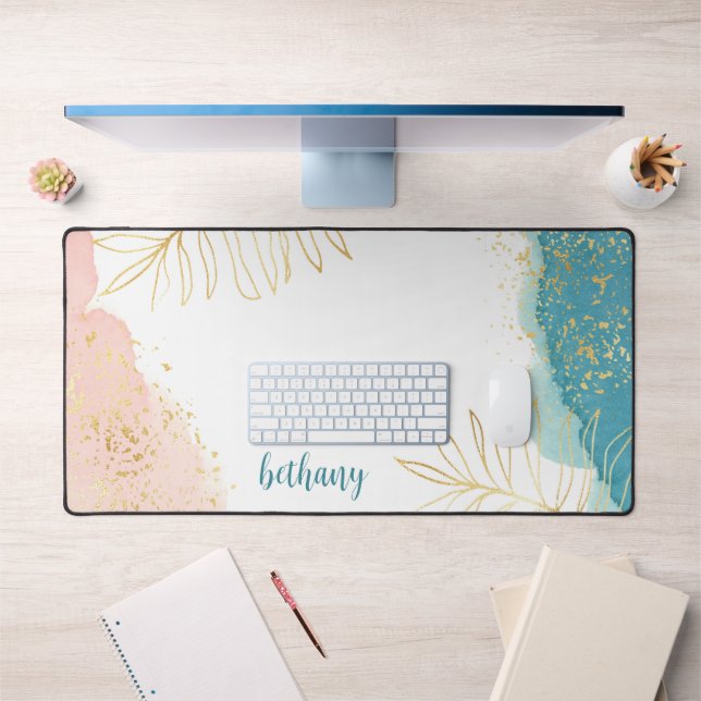 Tropical Watercolor Pink Gold Leaf Personalised Desk Mat (Office 1)