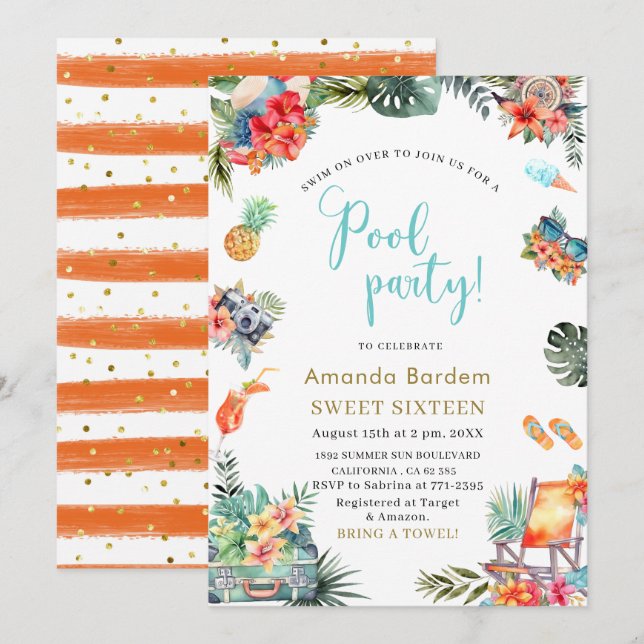 Tropical Watercolor Poolside Summer Sixteen Birthd Invitation (Front/Back)