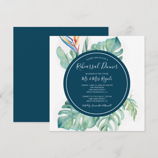 Tropical Watercolor Rehearsal Dinner Invitation (Front/Back)