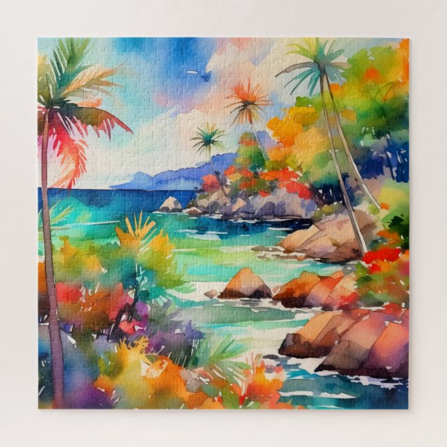 tropical watercolor scene puzzle (Vertical)