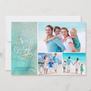 Tropical Watercolor SEAsons Greetings   Stripes Holiday Card