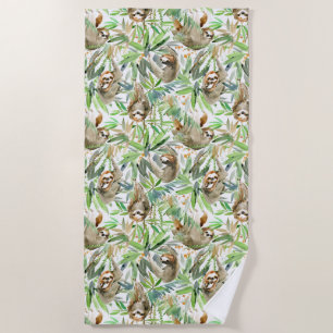 Tropical Watercolor Sloth Pattern Beach Towel