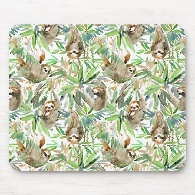 Tropical Watercolor Sloth Pattern Mouse Mat (Front)