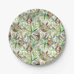 Tropical Watercolor Sloth Pattern Paper Plate
