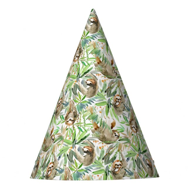 Tropical Watercolor Sloth Pattern Party Hat (Front)