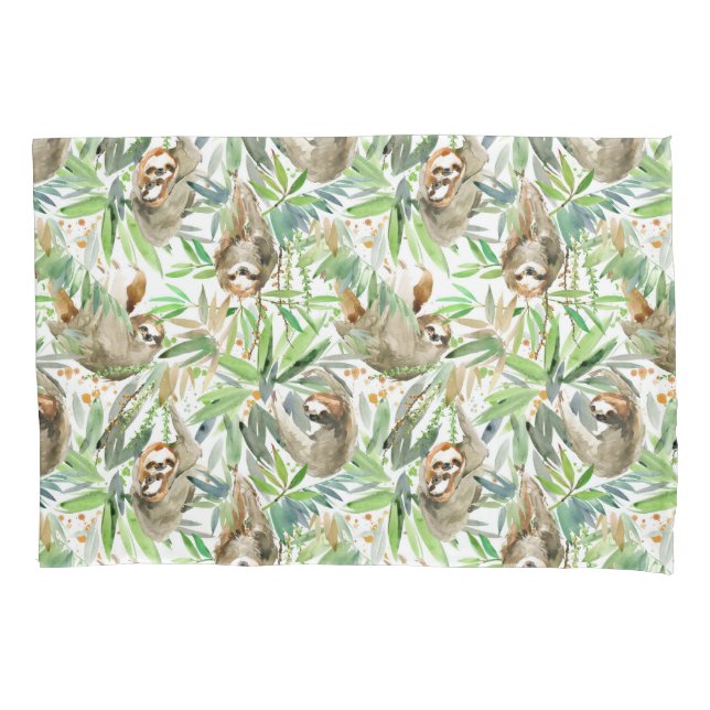 Tropical Watercolor Sloth Pattern Pillowcase (Front-Left)