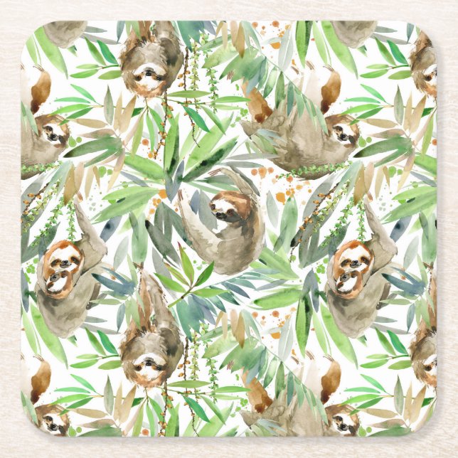 Tropical Watercolor Sloth Pattern Square Paper Coaster (Front)