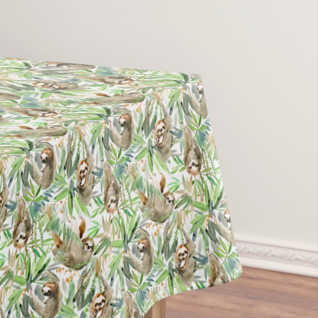 Tropical Watercolor Sloth Pattern Tablecloth (In Situ)