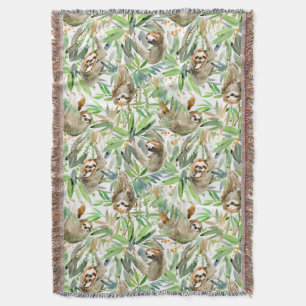 Tropical Watercolor Sloth Pattern Throw Blanket