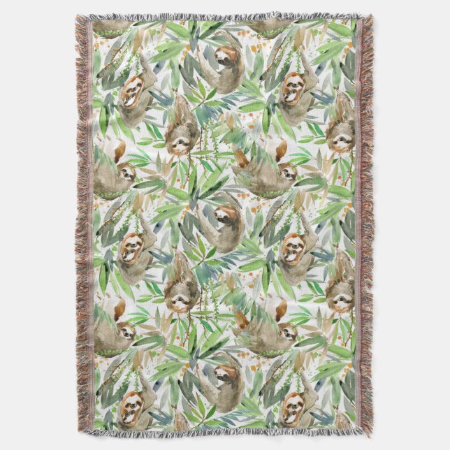 Tropical Watercolor Sloth Pattern Throw Blanket (Front Vertical)