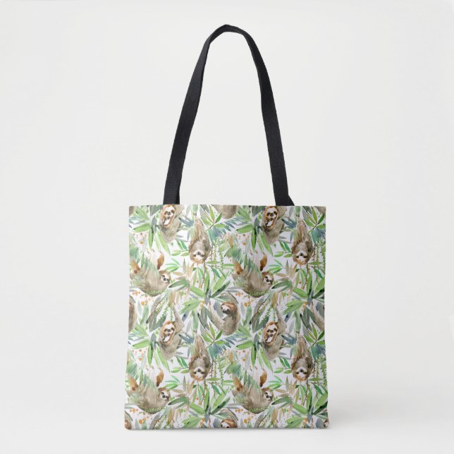Tropical Watercolor Sloth Pattern Tote Bag (Front)