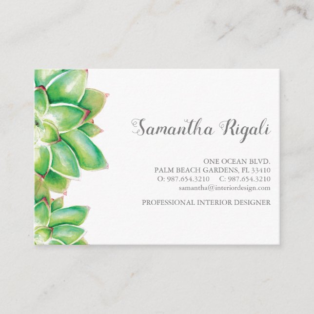 Tropical Watercolor Succulent Business Card (Front)
