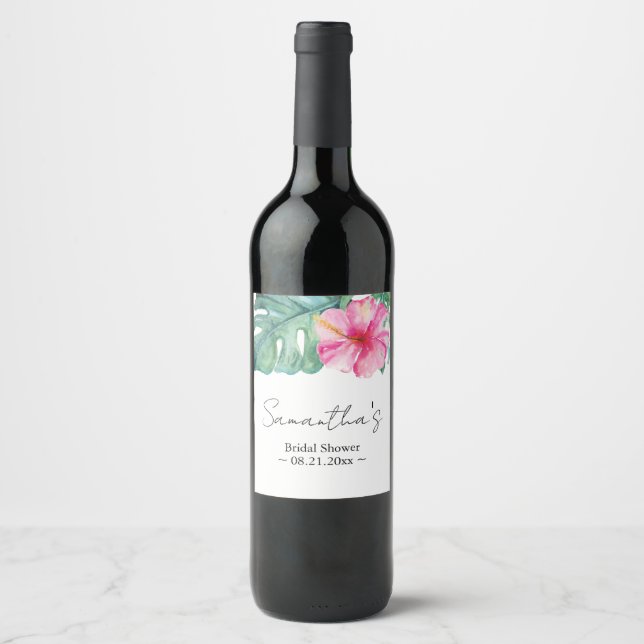 Tropical Watercolor Theme Pink Hibiscus Flower Wine Label (Front)