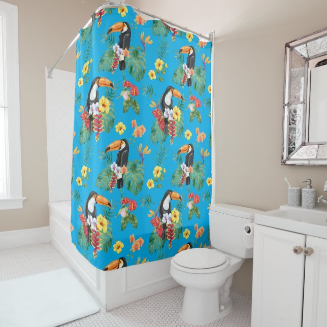 Tropical Watercolor Toucans Shower Curtain (In Situ)