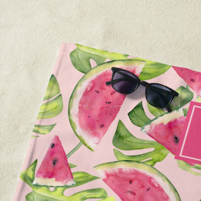 Tropical Watercolor Watermelon Slices Monogrammed Beach Towel (In Situ)