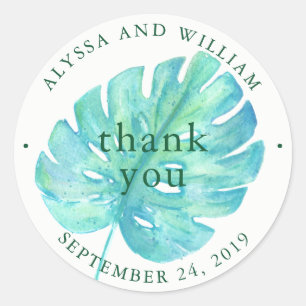 Tropical Watercolor Wedding   Blue Leaf Classic Round Sticker