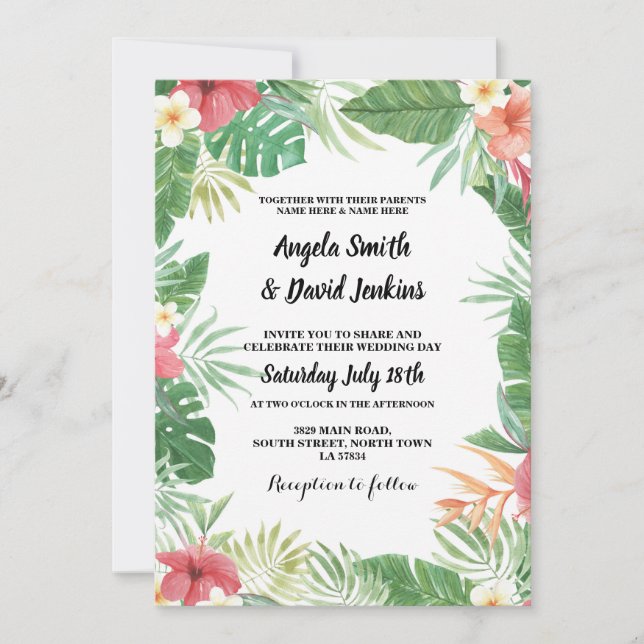 Tropical Watercolor Wedding Hibiscus Invitation (Front)
