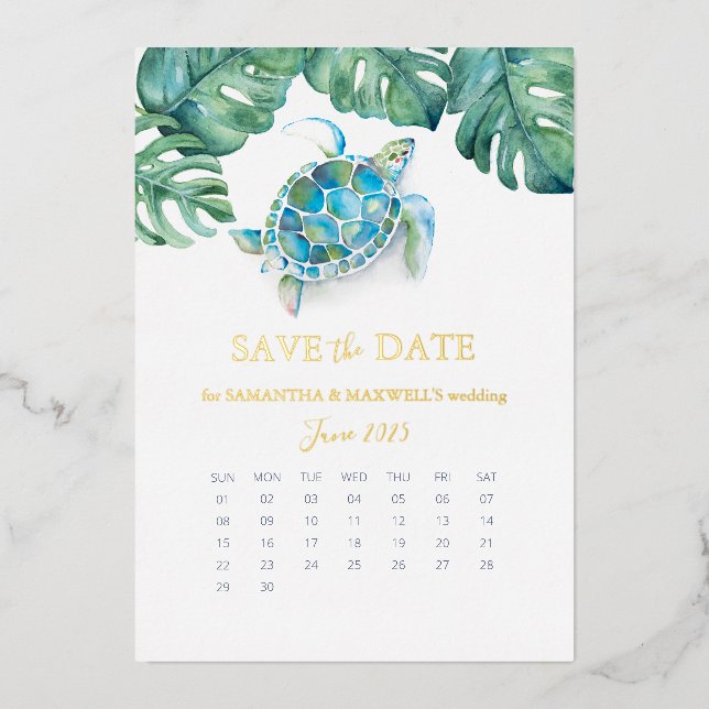 Tropical Watercolor Wedding Save The Date Foil Holiday Card (Front)
