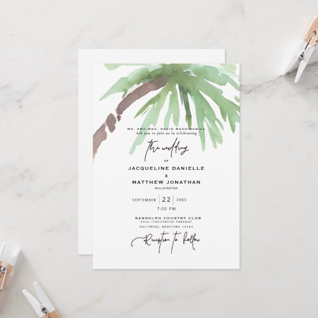 Tropical Watercolor White Wedding Invitation (Front/Back In Situ)