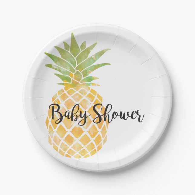 Tropical Watercolor Yellow Pineapple Baby Shower Paper Plate (Front)