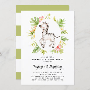 Tropical Watercolor Zebra Safari Kids Birthday Invitation