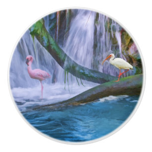 Tropical Waterfall, Flamingo, and Ibis Ceramic Knob