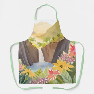 Tropical Waterfall Floral Watercolor Landscape Apron