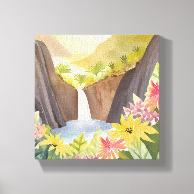 Tropical Waterfall | Floral Watercolor Landscape Canvas Print (Front)