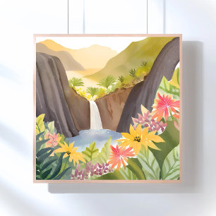 Tropical Waterfall Floral Watercolor Landscape Poster