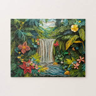 Tropical Waterfall in Vibrant Quilling Style Jigsaw Puzzle