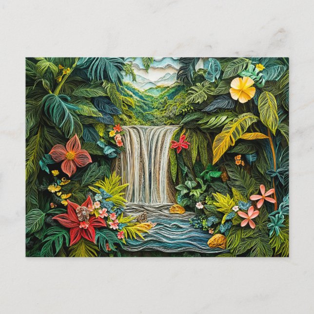 Tropical Waterfall in Vibrant Quilling Style Postcard (Front)