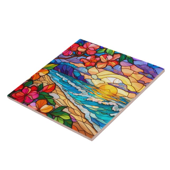 tropical waterfall Stained glass art Tile (Side)