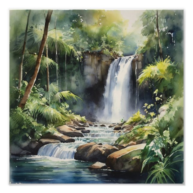Tropical Waterfall Watercolor Painting Photo Print (Front)