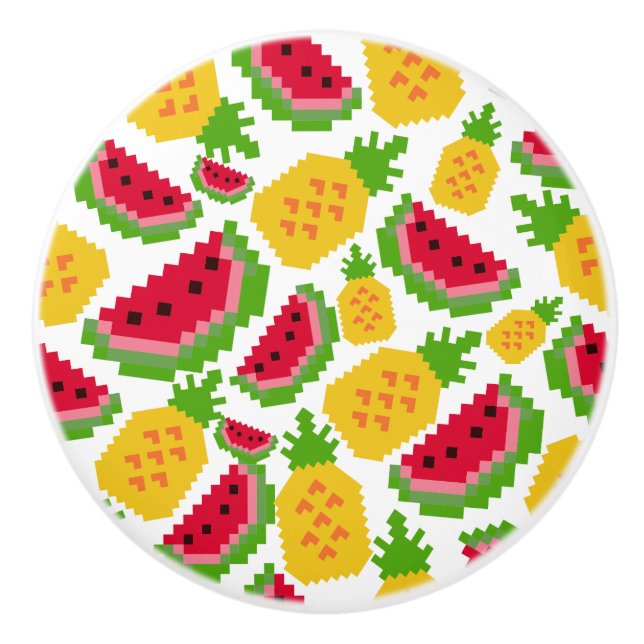 Tropical Watermelon and Pineapple Pixel Pattern Ceramic Knob (Front)