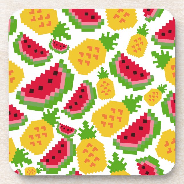 Tropical Watermelon and Pineapple Pixel Pattern Coaster (Front)